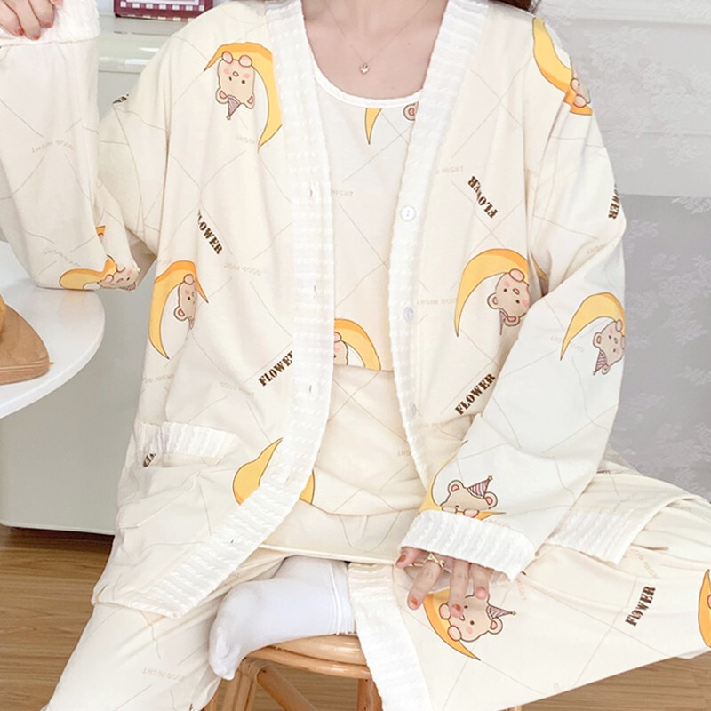 Lunar Clothing Spring and Autumn Cotton Lactation Three-piece Set Pregnant Women's Pajamas with Chest Pad Adjustable for Maternal Feeding