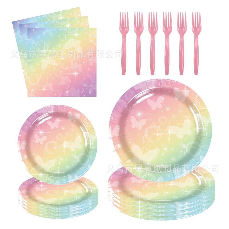 Rainbow Soft Theme Birthday Party Tableware suit Disposable Paper Tray Paper Cup Tissue Holiday Arrangement Supplies