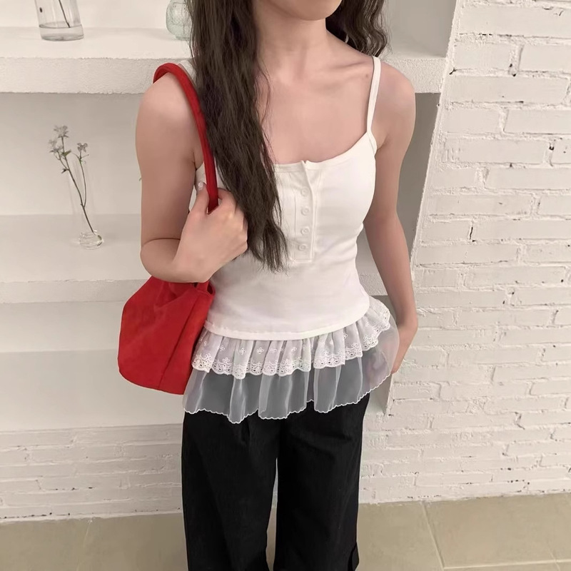 Korean-Style Ins Spring and Summer Sweet Design Camisole for Women with Double-Layer Lace Hem and Layered Top