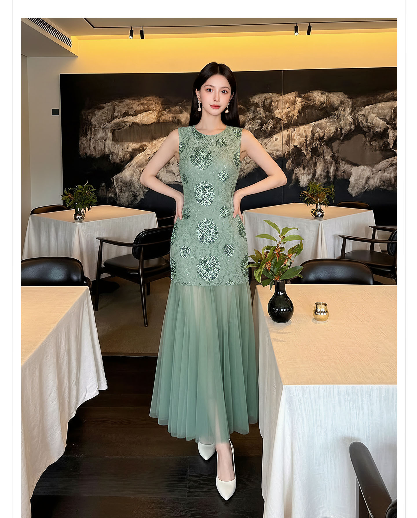 Đầm maxi nữ thắt eo họa tiết hoa nhí tay không cổ tròn — Xanh lá cây nhạtcolor chi tiết 8