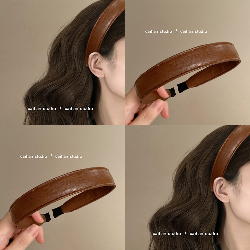 咖啡酒~复古pu皮发箍法式高颅顶压发发捆jennie同款洋气旅行发卡
