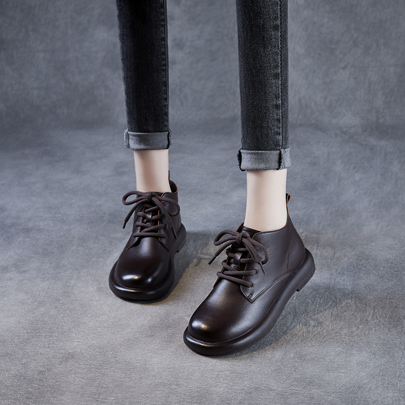 2025 Autumn and Winter New Genuine Leather Single Boots for Women, Casual Retro Short Boots, Soft-Soled Flats Boots, Lace-Up First-Layer Cowhide 2025 Autumn and Winter New Genuine Leather Single Boots for Women, Casual Retro Short Boots, Soft-Soled Flats Boots, Lace-Up First-Layer Cowhide