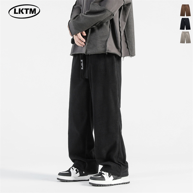 LKTM Men's# American Retro Corduroy Casual Pants Men's Instagram Brand Drawstring Loose Straight Long Sports Pants