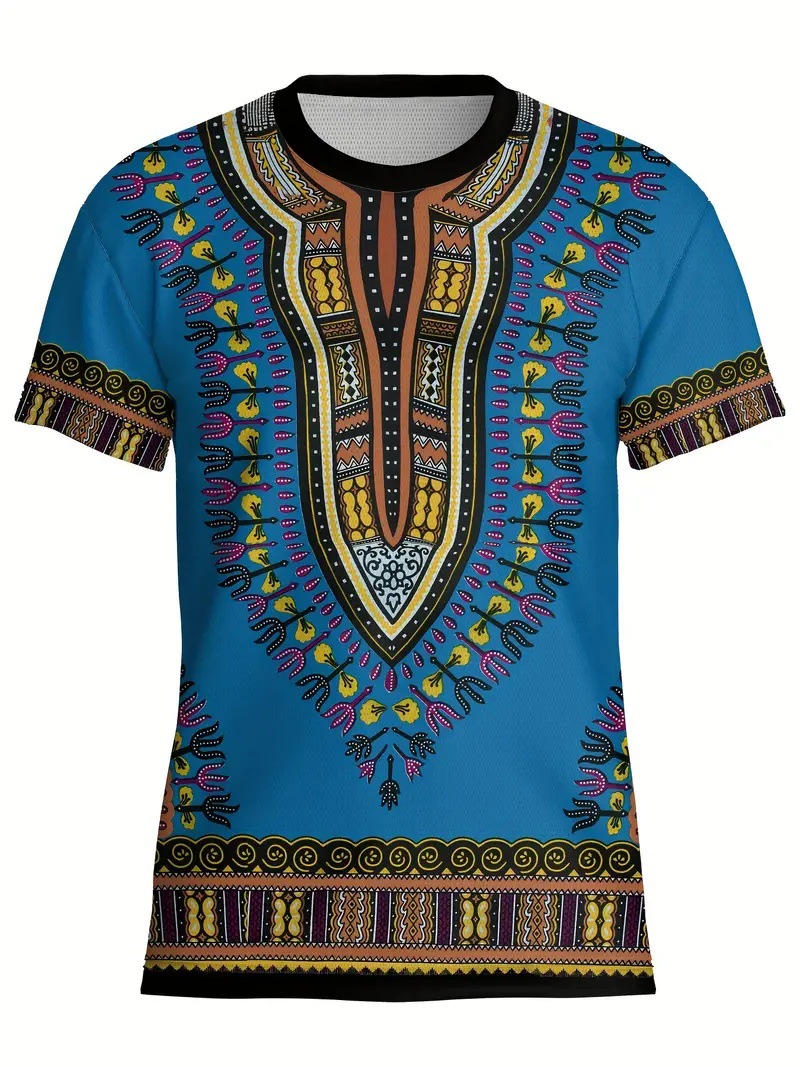 Camiseta de cuello redondo de manga corta de manga corta transpirable suelta casual de hombre con estampado tribal retro clásico con estampado 3D