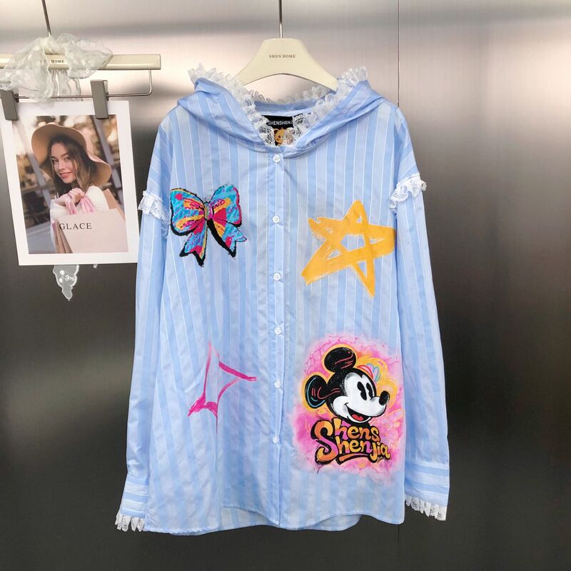 Shenshenjia Korean Style Stripesd Loose Lace Hooded Shirt Ins Mickey Front and Rear Printed Long-Sleeved Shirt for Women