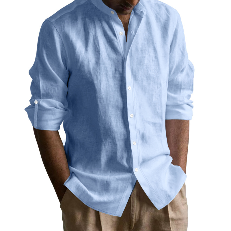Nuevo Amazon algodón transfronterizo camisa de cuello largo hombre comercio exterior transpirable cuello Henry Casual American Top