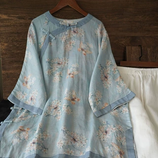 夏季新款  文艺复古苎麻数码印花盘扣全侧开短款禅意茶服247287