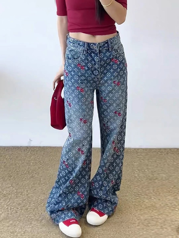 高级感时尚印花牛仔裤女秋季新款高腰显瘦宽松百搭休闲阔腿长裤|undefined