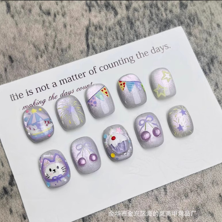 Handmade Purple Cat Eye Summer Cute and Sweet Amusement Park Cartoon Kitten Whitening Wearable Nails Interesting Dreamy Ghost Horse
