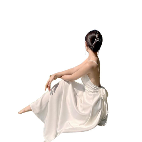 French-style sexy pure desire backless bow-neck white tank top dress for women summer beach vacation temperament long dress