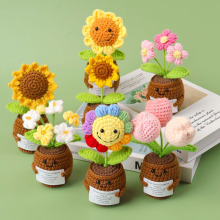 手工毛线花向日葵小盆栽成品泡芙仿真花迷你桌面摆件教师节礼物