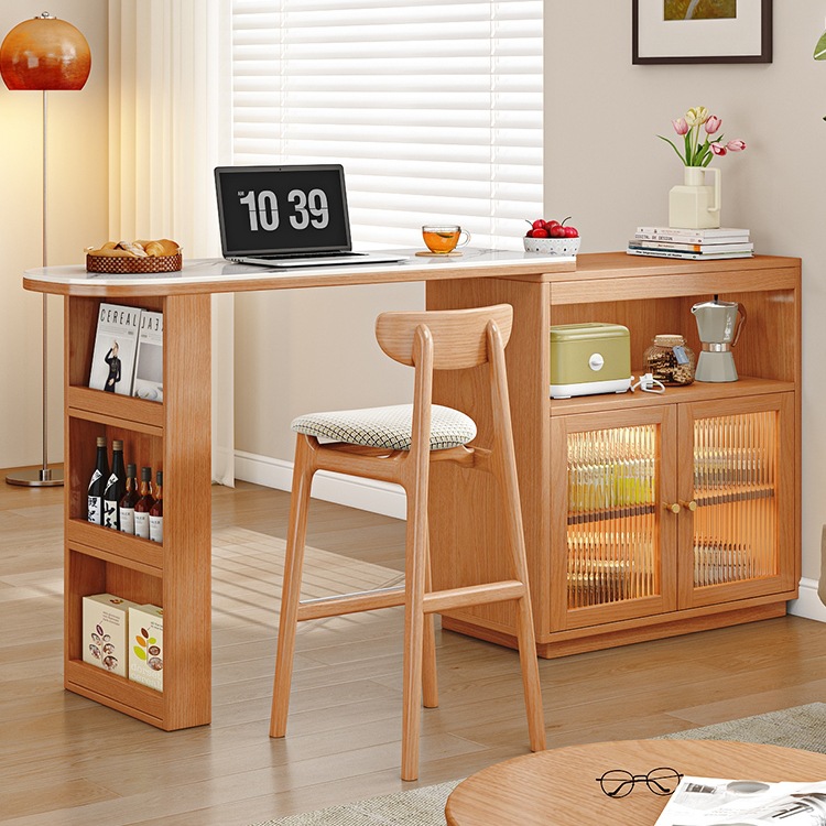 Solid Wood Bar Table Retractable Balcony Leisure Small Bar Home Dining Side Cabinet Integrated Cherry Wood Color Cabinet Partition L&