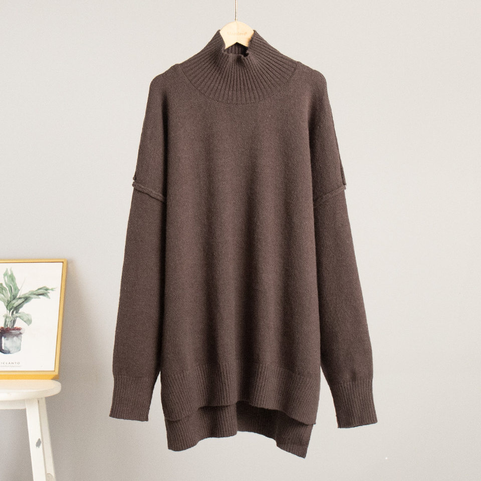 Bộ áo len cổ cao dài tay kèm quần dài dệt kim dày dặn form rộng — Màu camel, Màu cà phê, Màu xanh lục đậm, Màu xám đậm chi tiết 11