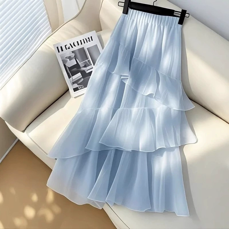 Новая стильная юбка-кейк весна 2025, супер красивая, уникальная, элегантная, с высокой талией, синяя шифоновая юбка-трапеция