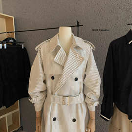 【WGWE】6953法式小香风双排扣系带条纹中长款大翻领休闲风衣外套