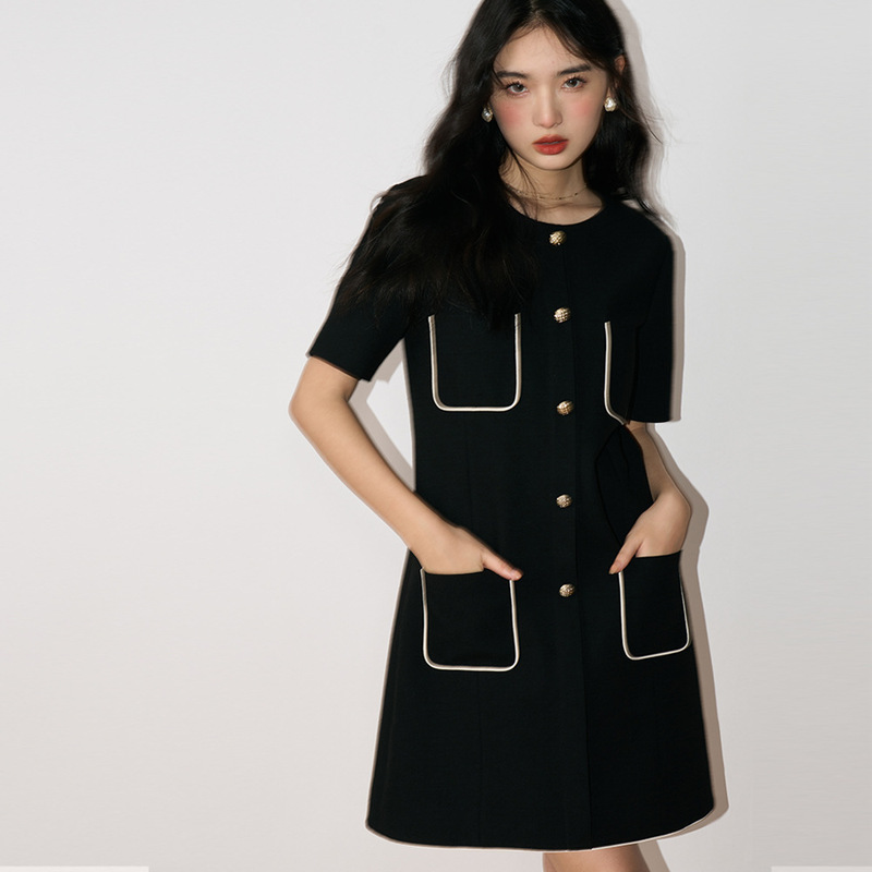 【Shengdu】Spring and Autumn Commuting Style Little Chanel Round Neck Short Sleeve Color-Block Trim High-End Slimming Waist Dress