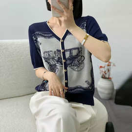 复古提花莱赛尔天丝V领针织开衫短袖女夏新款薄款休闲短袖T恤上衣