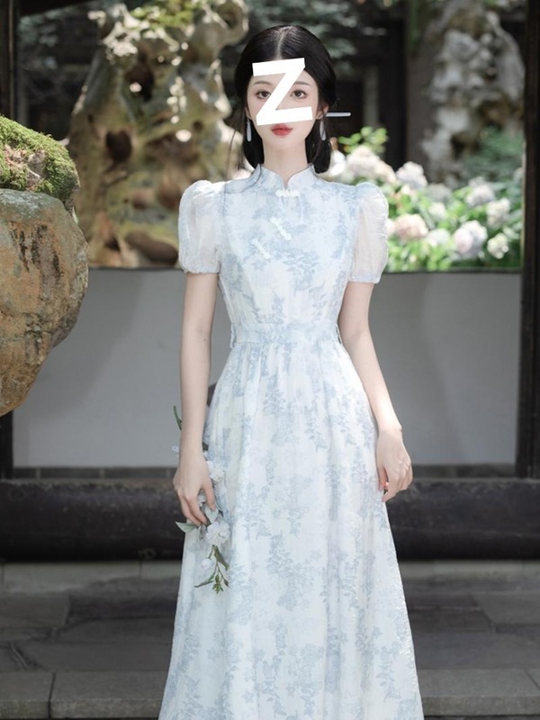 新中式国风女装改良日常少女款旗袍蓝色碎花中长款收腰连衣裙短袖|undefined