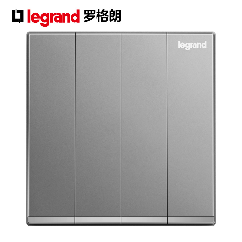 罗格朗开关插座逸景深砂银四位单控开关带LED灯镶银边86型面板