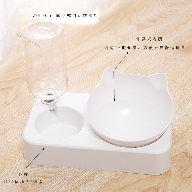 Fábrica puede personalizar el cuello inclinado blanco 3 piezas set gatos tazón botella de agua rectangular doble tazón alimentador de agua tazón perro