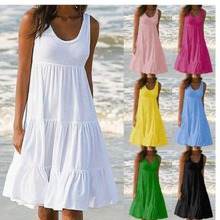 2020跨境Wish亞馬遜速賣通爆款女裝7色8碼無袖圓領拼接大擺沙灘裙
