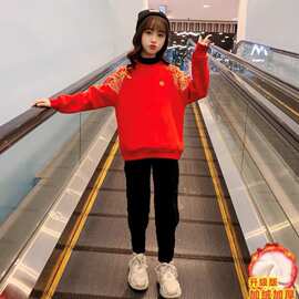 女童加绒加厚红色卫衣2023新款秋冬中大童拜年服中国风网红上衣潮