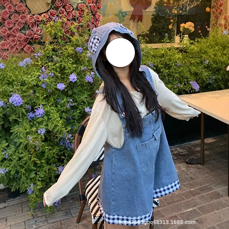 Vintage Youthful Denim Hooded Ear Cute Strap Shorts for Women Autumn Petite Trendy Ins Hot Pants