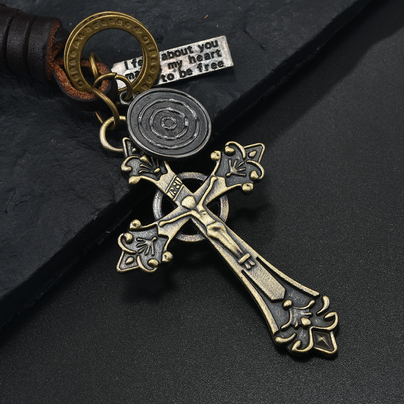 Cross-Border Cross Keychain Men's and Women's Gifts Alloy Bronze Robot Feather Retro Woven Cowhide Keychain