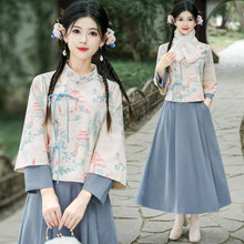实拍新中式汉服亭台楼阁立领斜襟系带印花长袖上衣改良半身裙套装