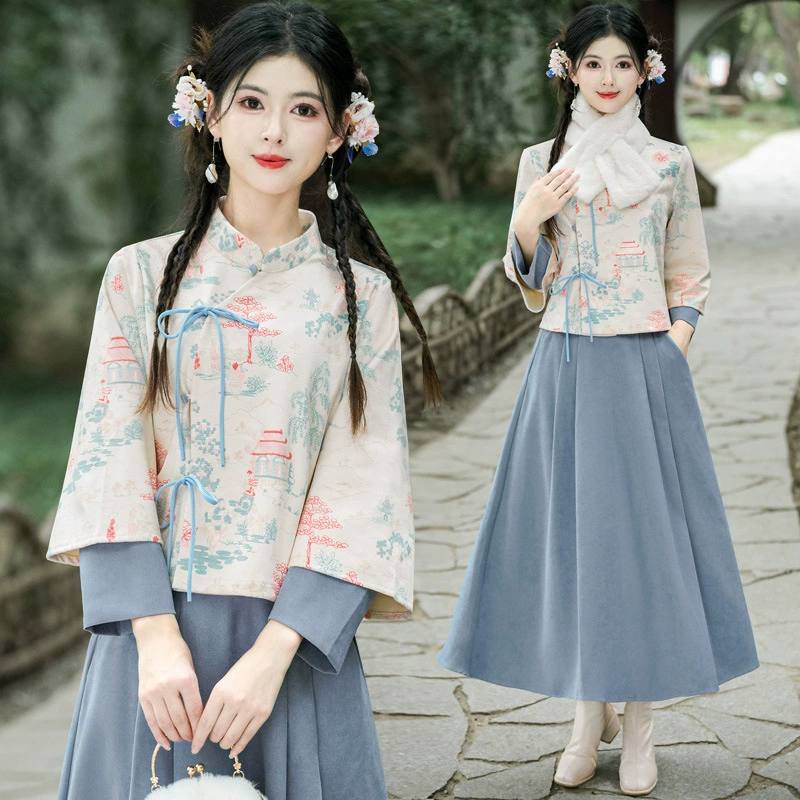 Реальная съемка нового китайского павильона Hanfu Lighs вертикальный воротник с принтом с длинными рукавами