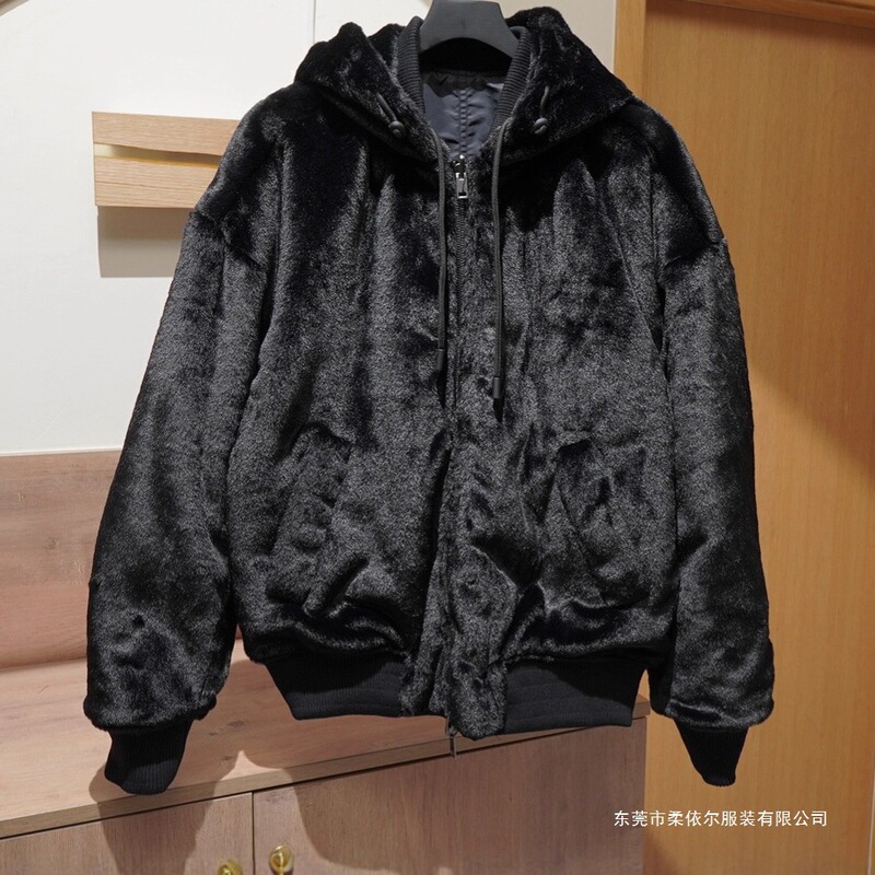 European and American Men's Clothing Wholesale Faux Fur Effect Reversible Loose Fit Hooded Thick Jacket Black Coat 0993400
