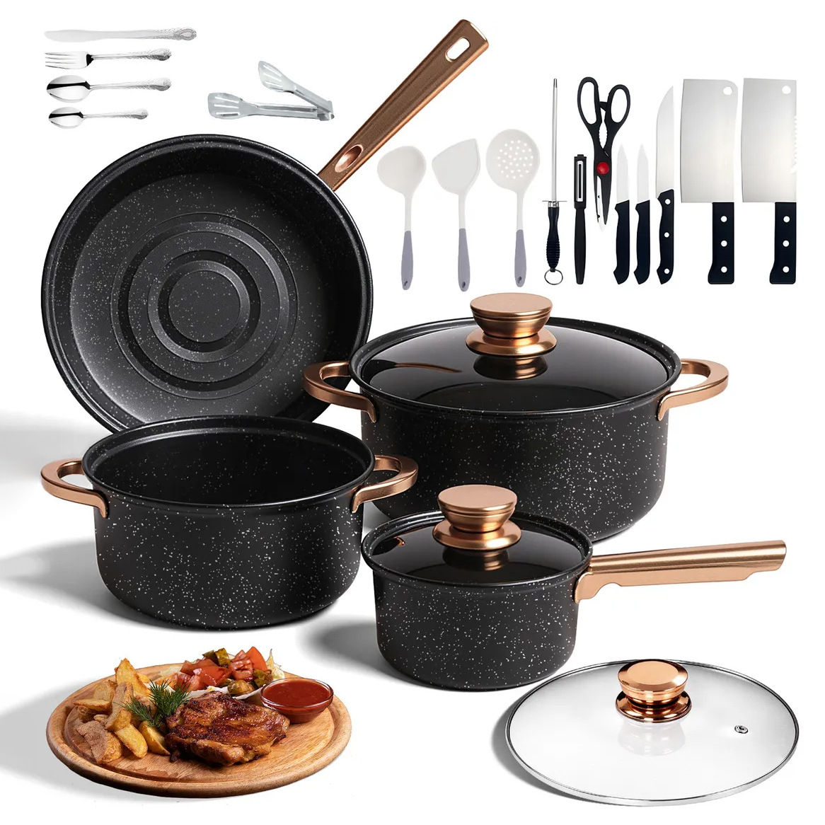 Cross-Border 44Pcs Cookware Set Non-Stick Pot Including Tableware Knife Spoon Cooking Set Pot Nonstickpot