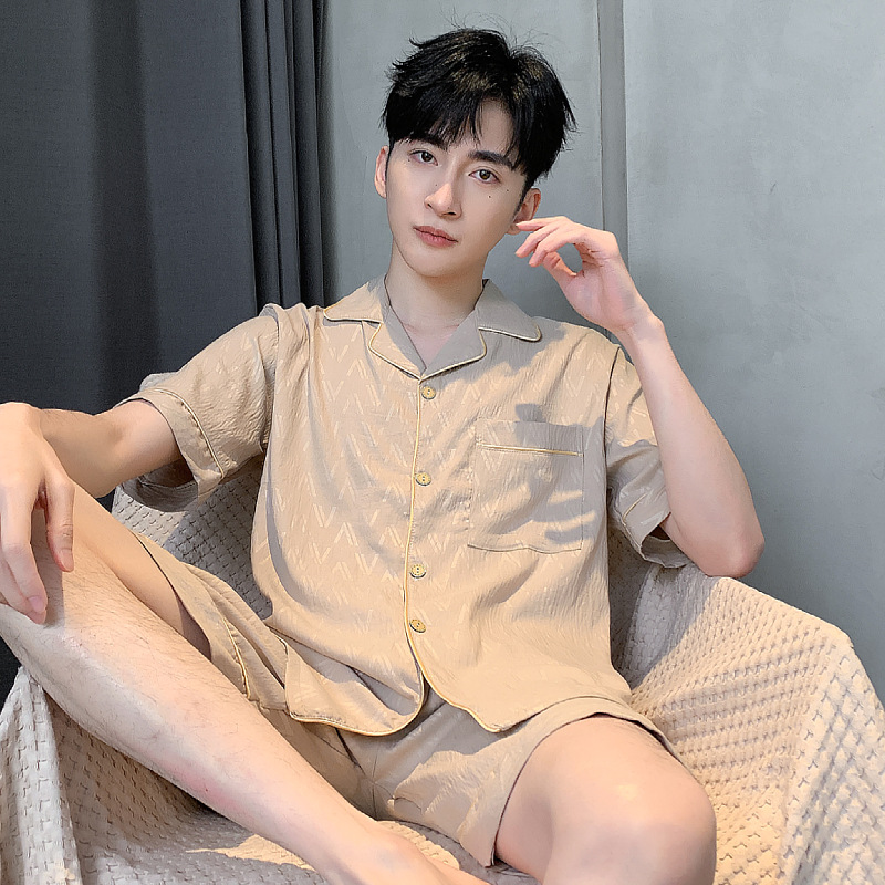 남자 잠옷 여름 반팔 반바지 얇은 텐셀 코튼 아이스 실크 쿨 코튼 실크 느슨한 캐주얼 홈 의류 세트