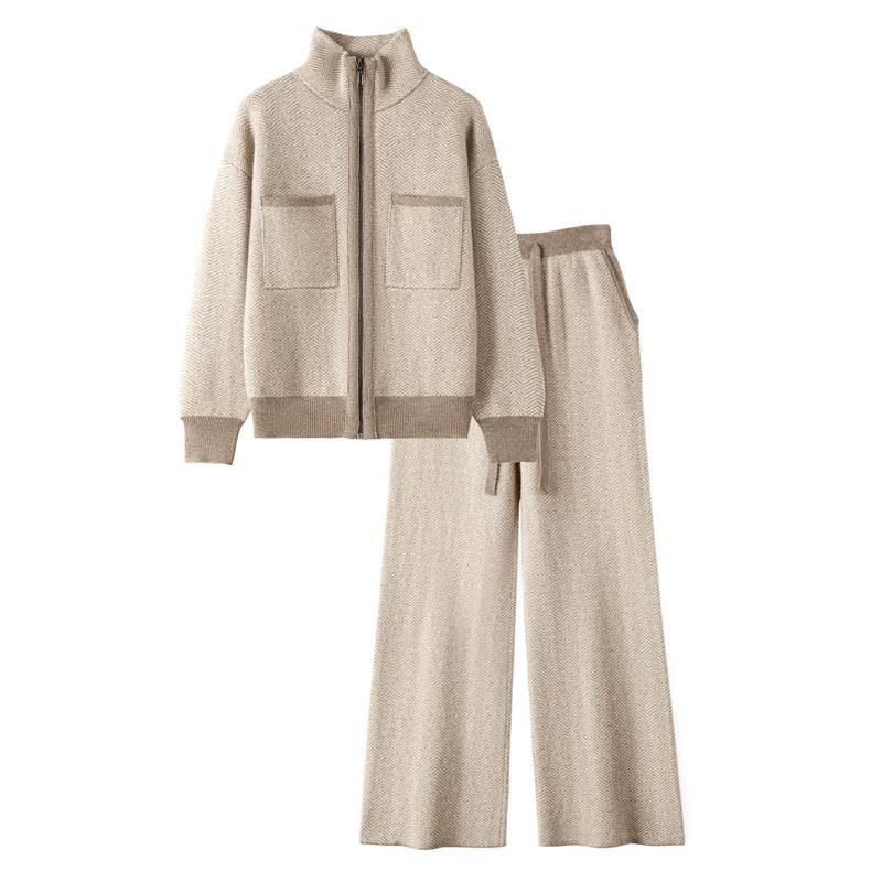 European Casual Cardigan Loose Zipper Jacket Herringbone Vertical Collar Knitted Wool Women's plus size suit Pants