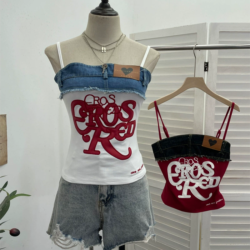 Реальная стрельба дизайн джинсовая шитая буква камзол жилет тонкая девушка короткая топ 23098