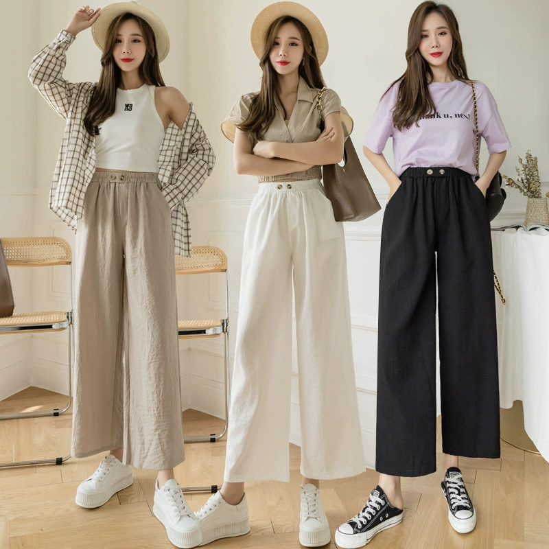 Женские широкие брюки из хлопка и льна, весна-лето 2021, новые свободные универсальные льняные тонкие повседневные брюки с высокой талией и девятью точками