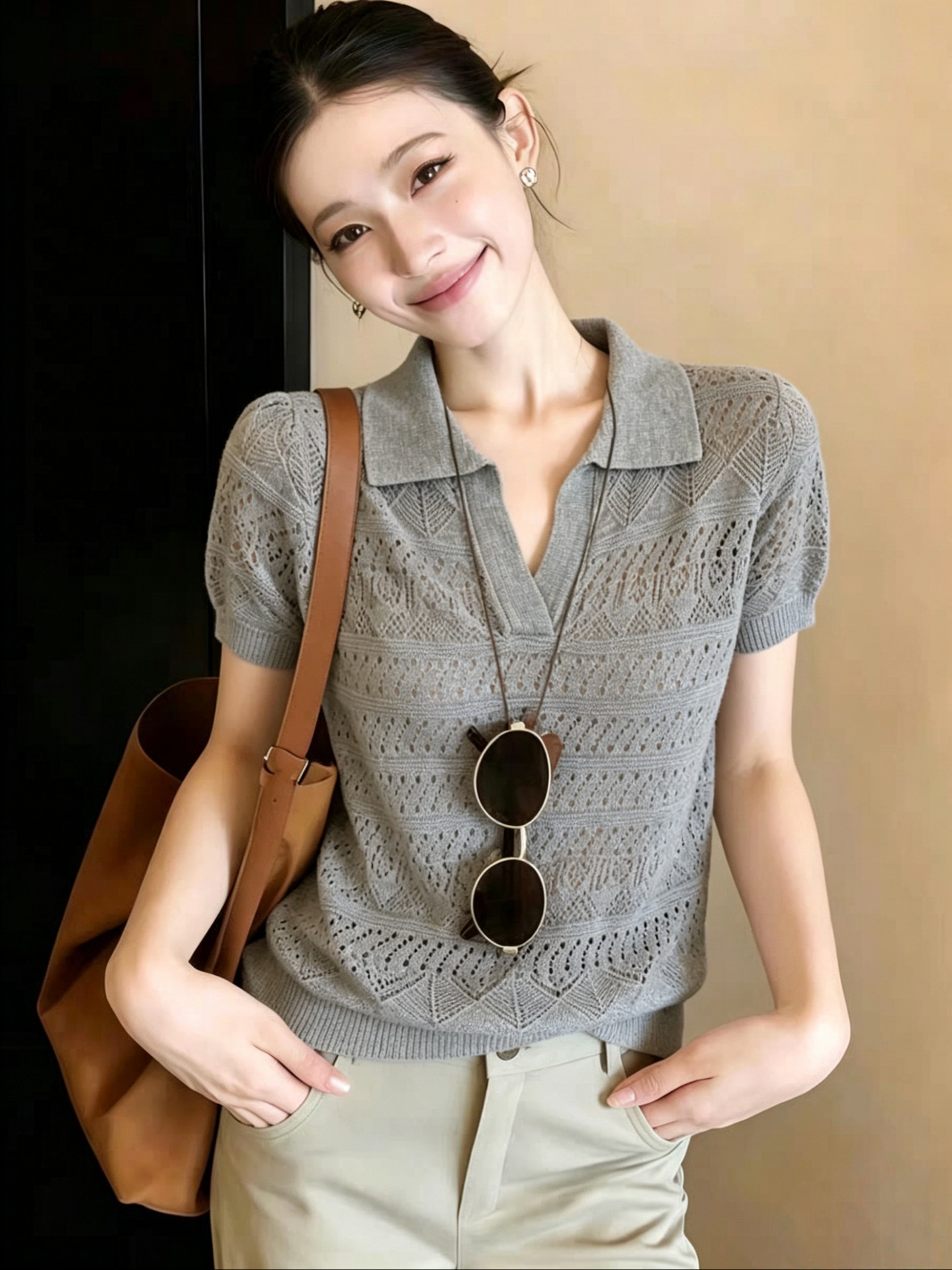 Áo thun polo cổ bẻ tay ngắn dệt kim họa tiết hoa nổi phong cách cổ điển — màu trắng