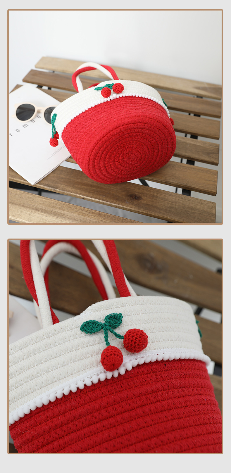 Women's Gender Vacation, Beach, Streetwear Style Bucket Shape Women's Cotton Rope Color Block Fruit Vacation Beach Streetwear Weave Bucket Open Tote Bag Straw Bag