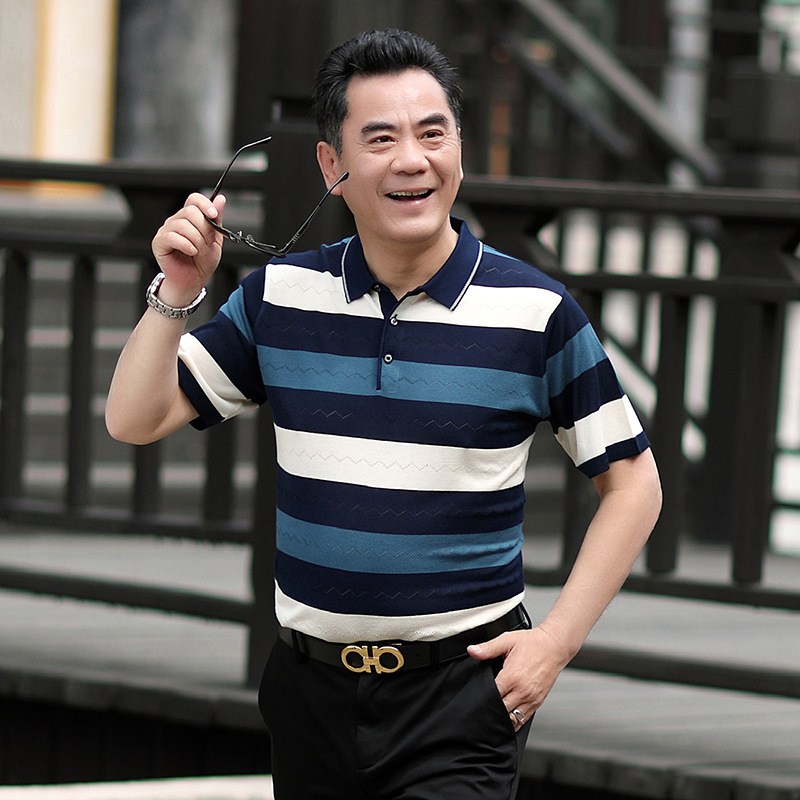 Camiseta de manga corta de seda de hielo de verano de papá camiseta de solapa de hombre de mediana edad suelta camisa de fondo de hombre de mediana edad y anciano