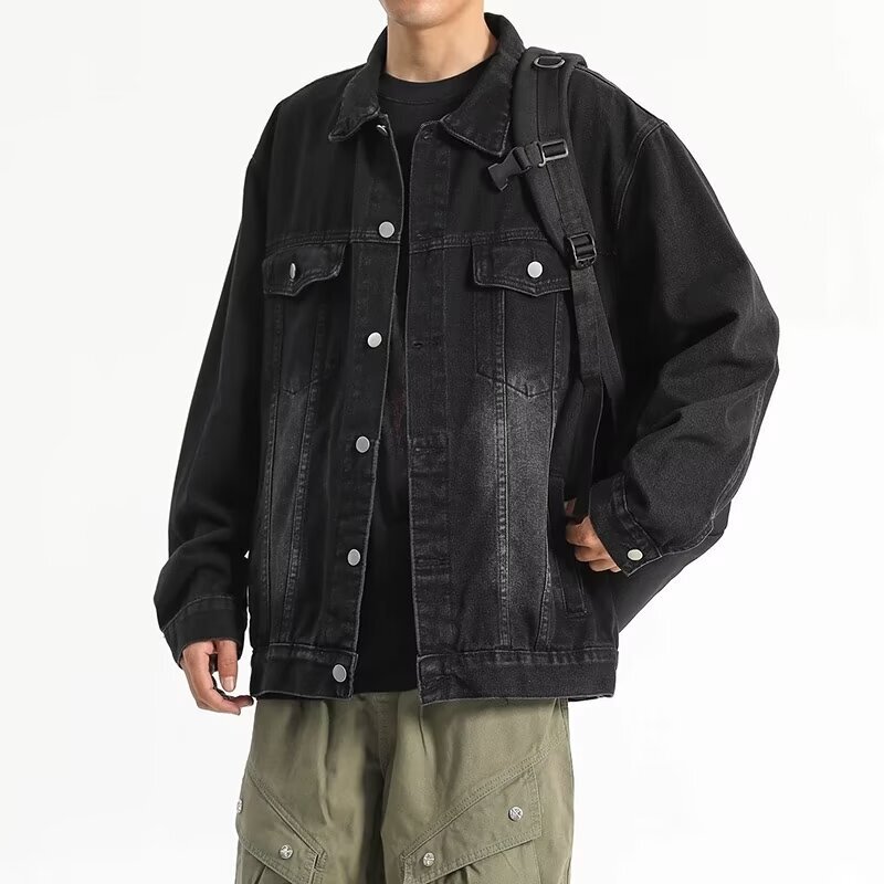 Extra Large American Workwear Denim Jacket for Men in Autumn and Winter Yellow Mud Jacket Retro Men's Washed Multi-Flap Pocket Pants Design