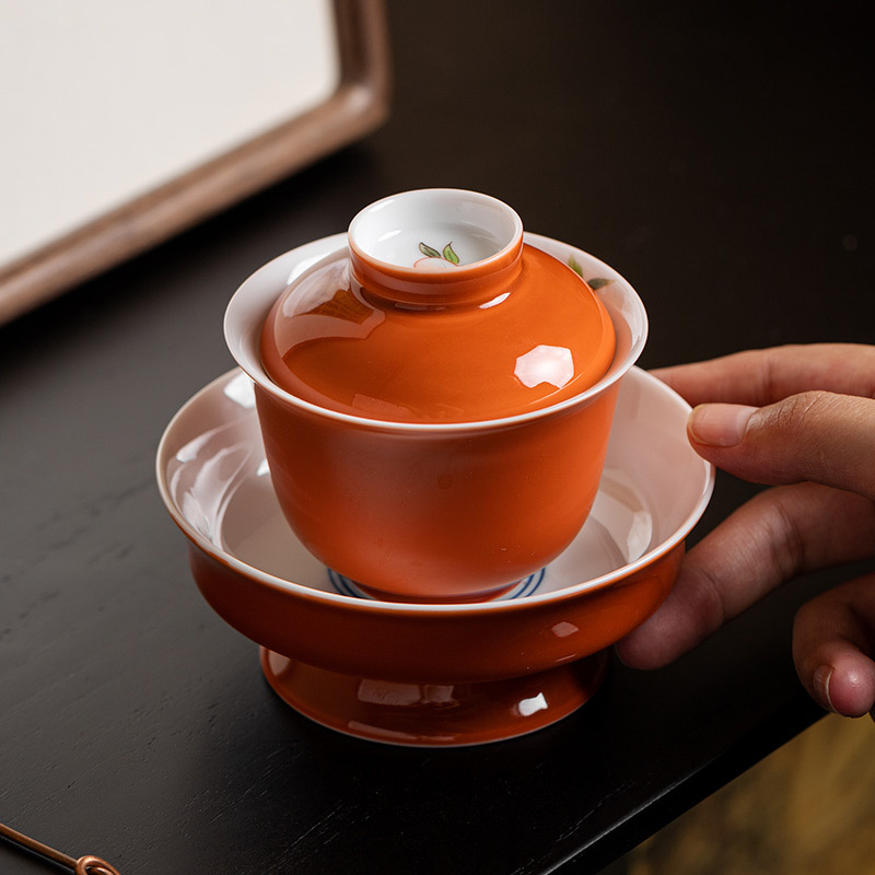 桃红釉粉彩茶具三才盖碗茶杯单个高档陶瓷功夫泡茶茶碗带盖不烫手