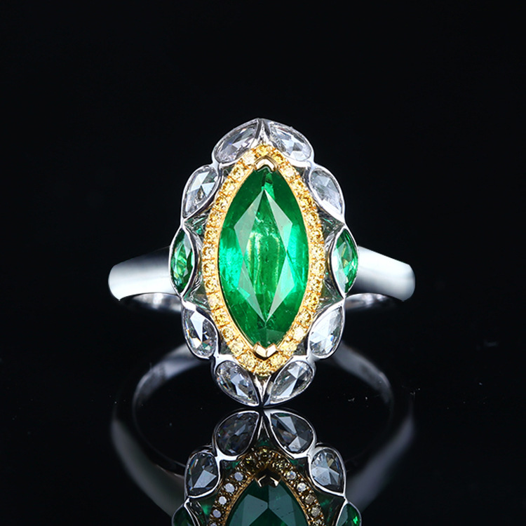 Xiaohongshu Gao Ding Jewelry Imitation Emerald Ring Luxury Full Diamond Two-color Electroplated Horse Eye Colored Gems Open Ring display picture 2