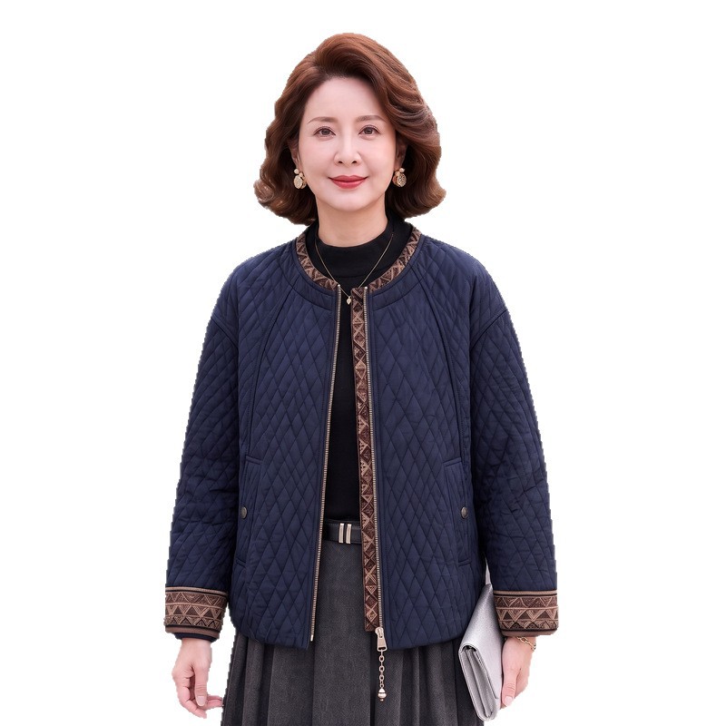 中老年妈妈装拼接短外套女春秋新款设计感花纹袖口夹克母亲上衣款