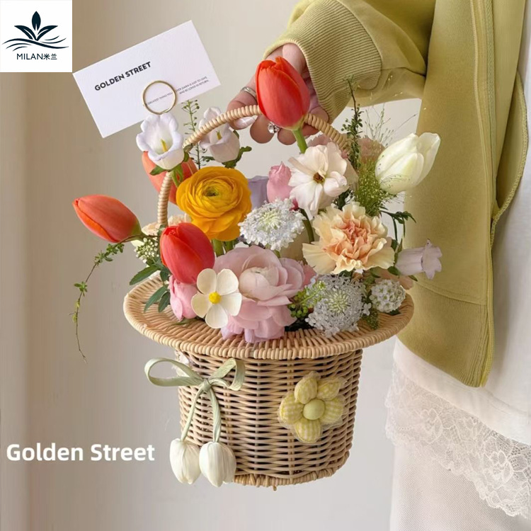 Día de la Madre cortesía canasta de flores tejida a mano canasta pastoral viento de caña tejida de mano canasta de flores salón de flores canasta de regalos