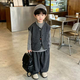 男童春秋马甲三件套2026新款儿童韩系时髦条纹卫衣休闲长裤套装潮