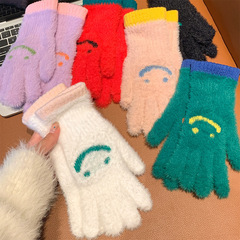 2023新款笑臉分指手套冬季保暖防寒加絨毛絨長款手套學生騎行可愛