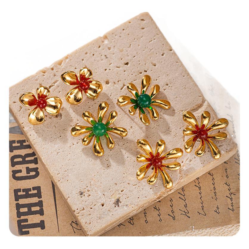 Tina transfronteriza inswind orejetas de acero inoxidable chapado 18K oro sol piedra natural delicada flores de orejetas versátiles
