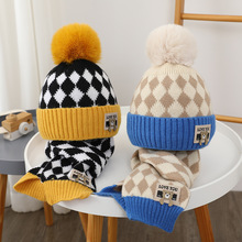 菱形小熊標男童秋冬套裝新款洋氣加厚毛線帽兒童護耳帥氣帽子圍巾