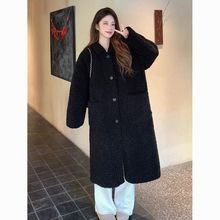 黑色皮毛一体仿皮草翻领羊羔毛外套女冬加厚毛毛中长款保暖大衣