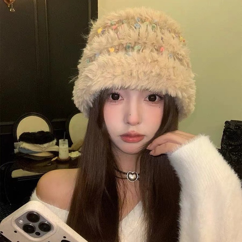 彩色小糖豆毛绒渔夫帽女秋冬季显脸小百搭毛线帽大头围帽子水桶帽|undefined